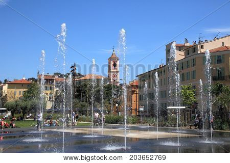 NICE, FRANCE - APRIL 30, 2015: Promenade du Paillon of Nice on April 30, 2015 in Nice, France. It is a popular public park in Nice.