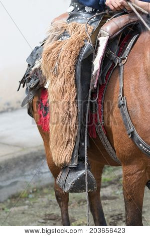 June 10 2017 Toacazo Ecuador: chaps worn by the Andean cowboys are made of llama fur