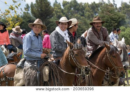 June 10 2017 Toacazo Ecuador: local cowboys called 'chagra' having a chat on horseback