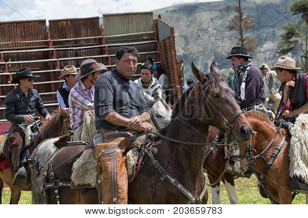June 10 2017 Toacazo Ecuador: Andean cowboys called 'chagra' gathering in the rodeo arena before the event starts