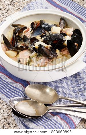 warm mixed seafood chowder with scottish mussel