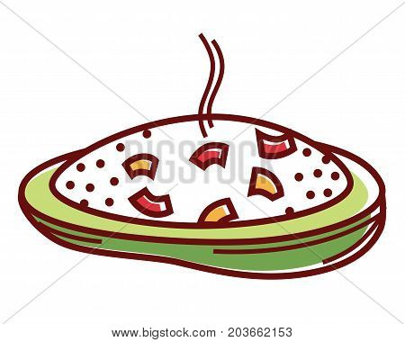 Stuffed zucchini slice with hot boiled vegetable rice and delicious cheese isolated cartoon flat vector illustration on white background. Creative healthy vegetarian food of organic products.