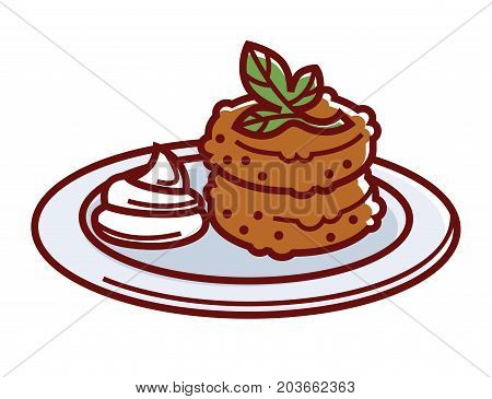 Falafel with sesame paste and herb on plate isolated cartoon vector illustration on white background. Deep-fried cutlets of chopped chickpeas with seasoned with spice and served with special sauce.