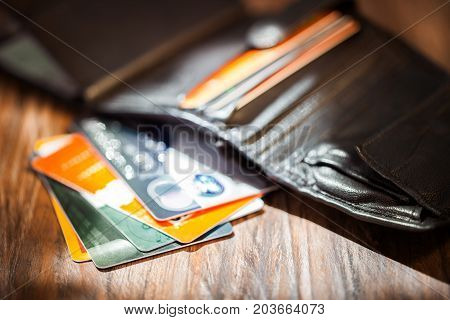 Leather men's open wallet with credit cards