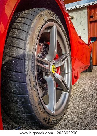 March 2017: Ferrari 458 supercar parked at Circuit de Catalunya in Barcelona Spain