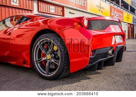March 2017: Ferrari 458 supercar parked at Circuit de Catalunya in Barcelona Spain