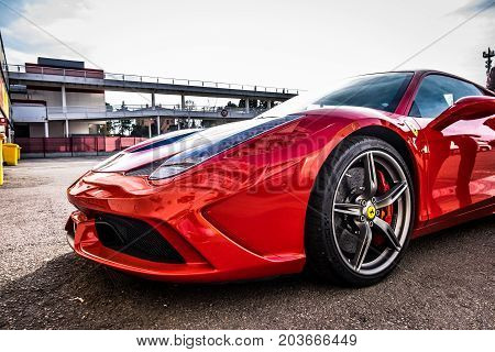 March 2017: Ferrari 458 supercar parked at Circuit de Catalunya in Barcelona Spain
