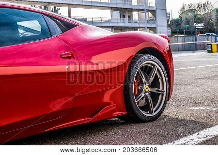 March 2017: Ferrari 458 supercar parked at Circuit de Catalunya in Barcelona Spain