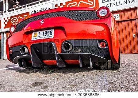 March 2017: Ferrari 458 supercar parked at Circuit de Catalunya in Barcelona Spain
