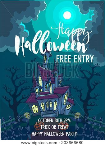 Halloween trick or treat party celebration invitation poster template. Vector design of full moon, haunted house castle and skeleton skulls in scary graveyard forest for October Halloween holiday design