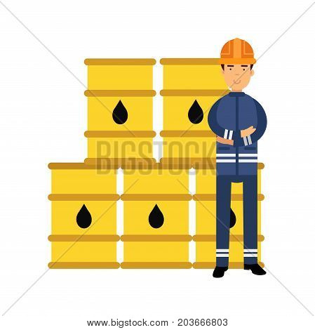 Oilman character in a blue uniform standing next to oil barrels, il industry production vector Illustration on a white background