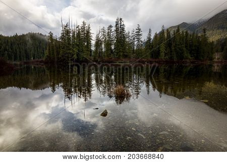 Beautiful nature landscape view of a reflection in the water. Picture taken at Kennedy Lake near Tofino Vancouver Island British Columbia Canada.