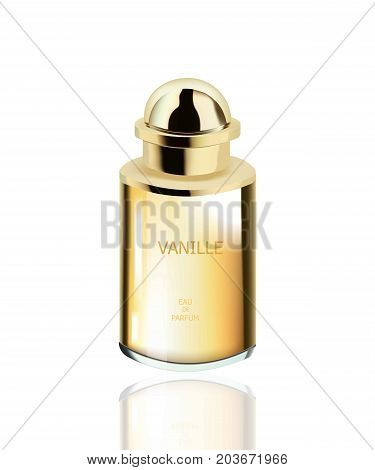 Perfume Cosmetics package Vector realistic mock up. Eau de toillete golden bottle Perfect for advertising, flyer, banner, poster. 3d illustrations