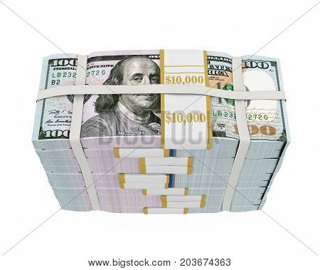 Stacks of New 100 US Dollar Banknotes isolated on white background. 3D render