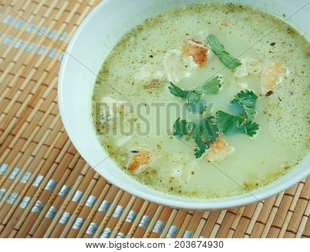 Allgauer Kasesuppe - Bavarian winter soup , close up homemade meal