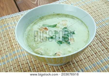 Allgauer Kasesuppe - Bavarian winter soup , close up homemade meal