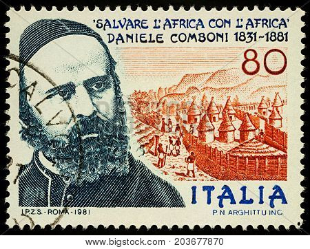Moscow Russia - September 11 2017: A stamp printed in Italy shows portrait of Saint Daniele Comboni Catholic missionary in Africa dedicated to the 150th Anniversary of the Birth circa 1981