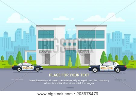 City police station on urban background - modern vector illustration with place for text. Two cars, nice park with trees. Cityscape with scyscrapers, buldings. Blue sky with clouds