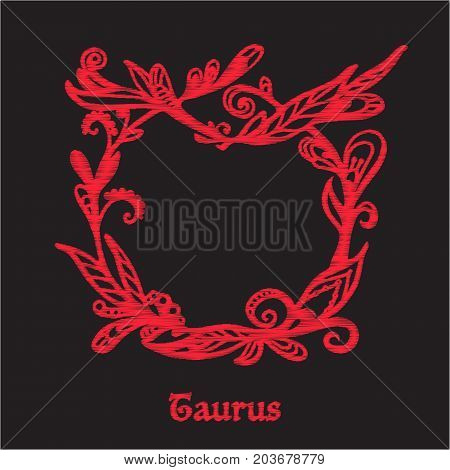 Embroidery with zodiac sign. In red on black background.  Stock line vector illustration.