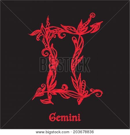 Embroidery with zodiac sign. In red on black background.  Stock line vector illustration.