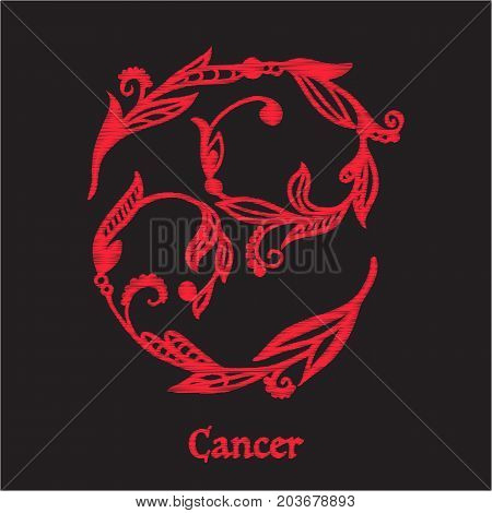 Embroidery with zodiac sign. In red on black background.  Stock line vector illustration.