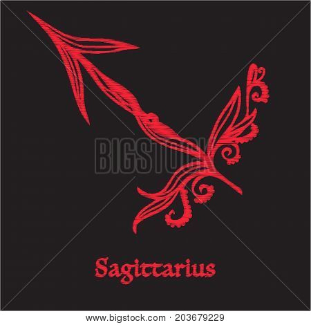 Embroidery with zodiac sign. In red on black background.  Stock line vector illustration.