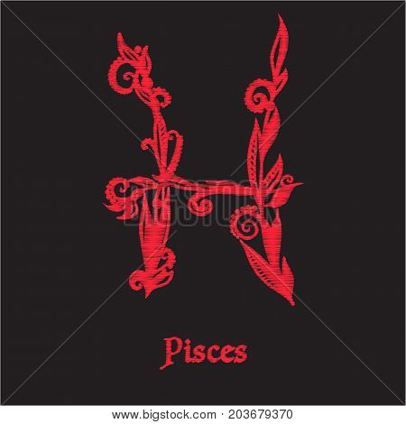 Embroidery with zodiac sign. In red on black background.  Stock line vector illustration.