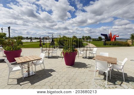 BRATISLAVA, SLOVAKI - AUGUST 13, 2017: Outdoor exhibition spaces of Danubiana modern art gallery in Bratislava, Slovakia on August 13, 2017.
