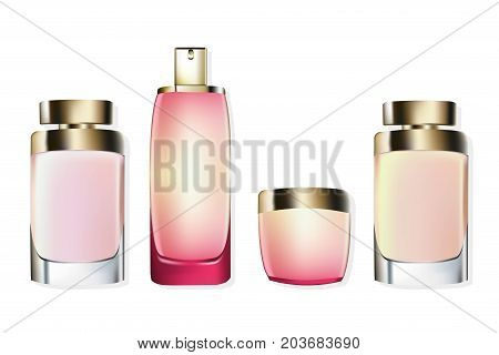 Perfume Cosmetics set Vector realistic mock up. Eau de toillete golden bottle Perfect for advertising, flyer, banner, poster. 3d illustrations