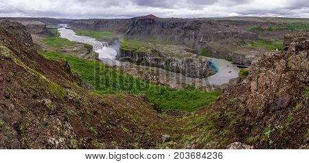 Landscape panorama of Hafragilsfoss waterfall in Iceland