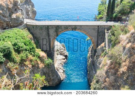 famous picturesque road viaduct over sea of Amalfi coast, Italy