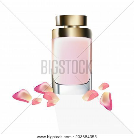 Perfume Cosmetics package Vector realistic mock up. Eau de toillete golden bottle Perfect for advertising, flyer, banner, poster. 3d illustrations