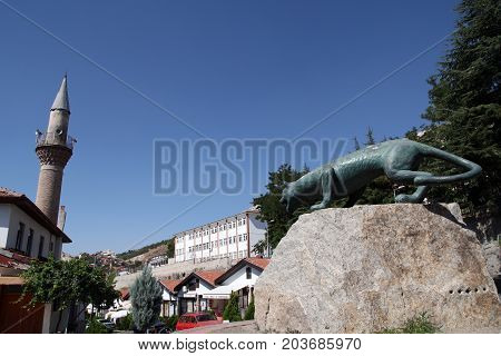Beypazar, Turkey - September 04, 2016; Anatolian Leopard Statue and Ottoman Homes in Beypazari, Ankara, Turkey