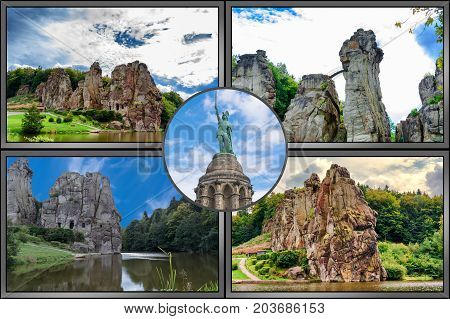 Travel picture Collage or postcard Externstein Hermannsdenkmal