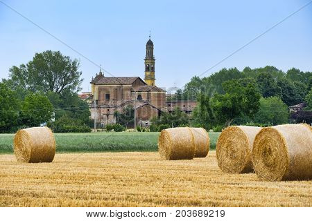 Rural landscape near Fidenza (Parma Emilia-Romagna Italy) at summer. Farm with the town of Parola in background