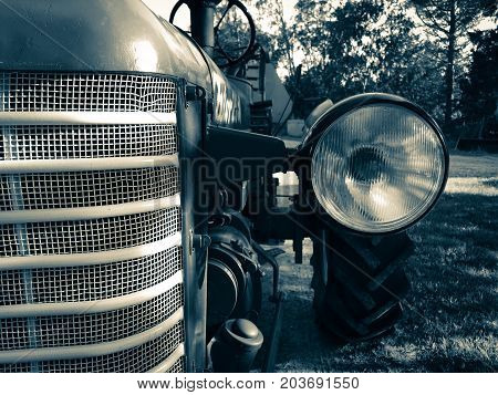 close up photo of old tractor. .