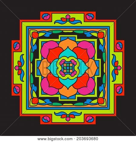 Tibet mandala on black background. Stock vector illustration.
