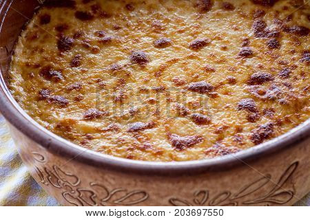Pastitsio Traditional Greek Baked Pasta Casserole With Ground Beef, Tomatoes, Feta Cheese And Becham