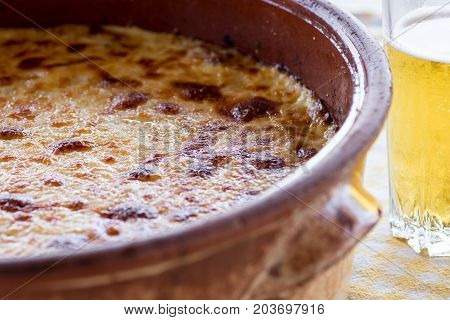 Pastitsio Traditional Greek Baked Pasta Casserole With Ground Beef, Tomatoes, Feta Cheese And Becham