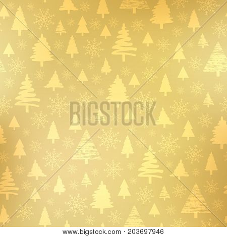 Holiday pattern Christmas decoration. Forest on a golden background. Snow in the woods. Trees and spruce. Vector illustration.