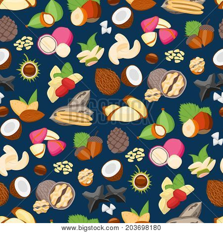 Cartoon Color Nuts Background Pattern on a Blue Flat Design Style. Natural Healthy Snack Food Vector illustration