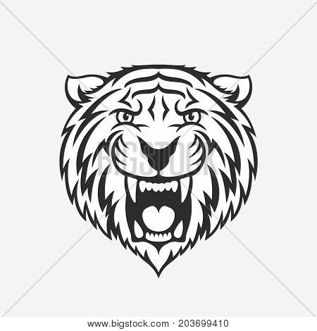 Tiger head logo emblem or icon in one color. Stock vector illustration.