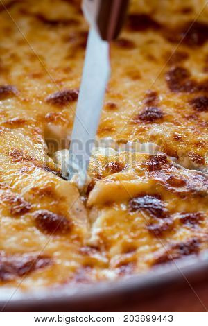 Pastitsio Traditional Greek Baked Pasta Casserole With Ground Beef, Tomatoes, Feta Cheese And Becham
