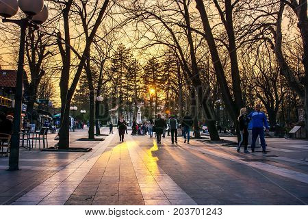 Sokobanja, Serbia - March 25, 2017: Sokobanja, Serbia Spa City With Tourists And Locals In The Walki