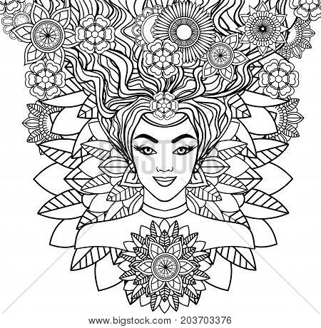 beautiful woman on a white background. Black and white illustration of anti-stress