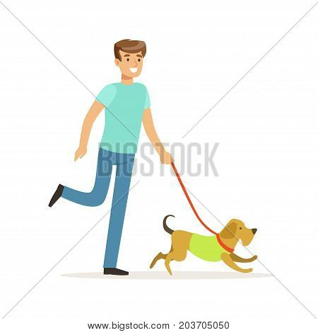 Young smiling man walking a dog vector Illustration on a white background