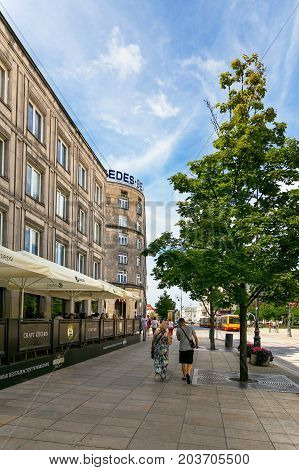 Warsaw, Poland - August 2, 2017: Architecture And People On The Street New World In Warsaw.