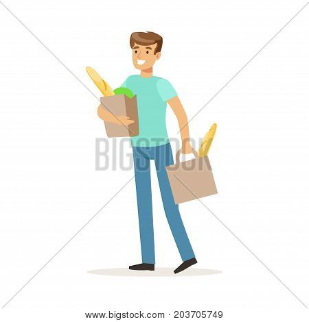 Young smiling man carrying two bags with food products, house husband shopping in grocery store vector Illustration on a white background