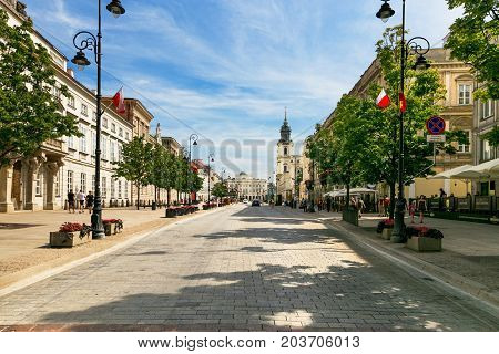 Warsaw, Poland - August 2, 2017: Architecture And People On The Street New World In Warsaw.