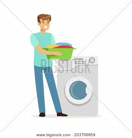 Young smiling man doing laundry, holding basin full of dirty laundry, house husband working at home vector Illustration on a white background